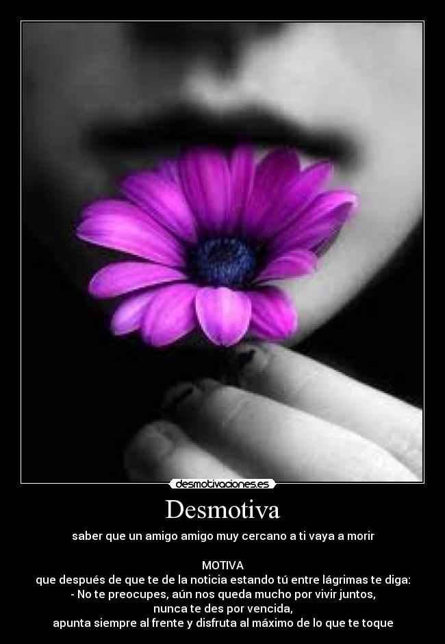Desmotiva - saber que un amigo amigo muy cercano a ti vaya a morir

MOTIVA
que después de que te de la noticia estando tú entre lágrimas te diga:
- No te preocupes, aún nos queda mucho por vivir juntos,
nunca te des por vencida,
apunta siempre al frente y disfruta al máximo de lo que te toque