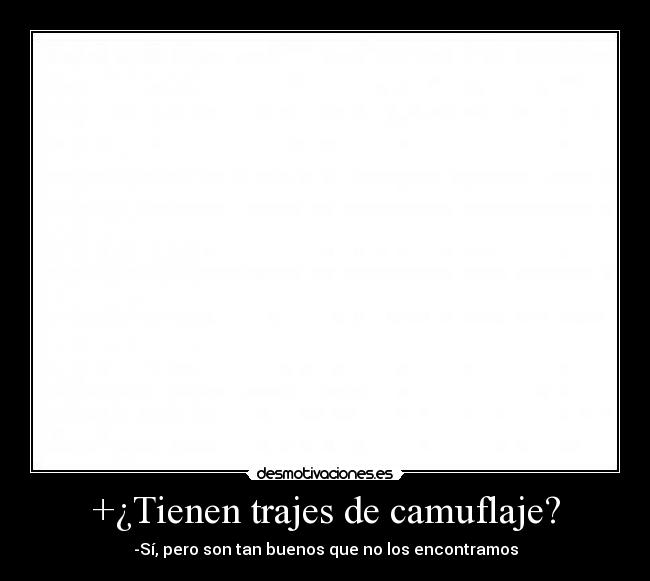 +¿Tienen trajes de camuflaje? - -Sí, pero son tan buenos que no los encontramos