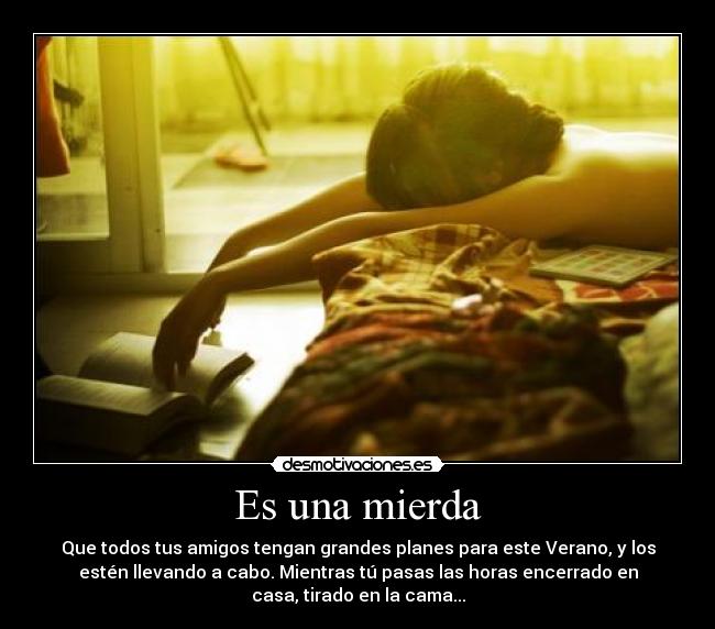Es una mierda - Que todos tus amigos tengan grandes planes para este Verano, y los
estén llevando a cabo. Mientras tú pasas las horas encerrado en
casa, tirado en la cama...
