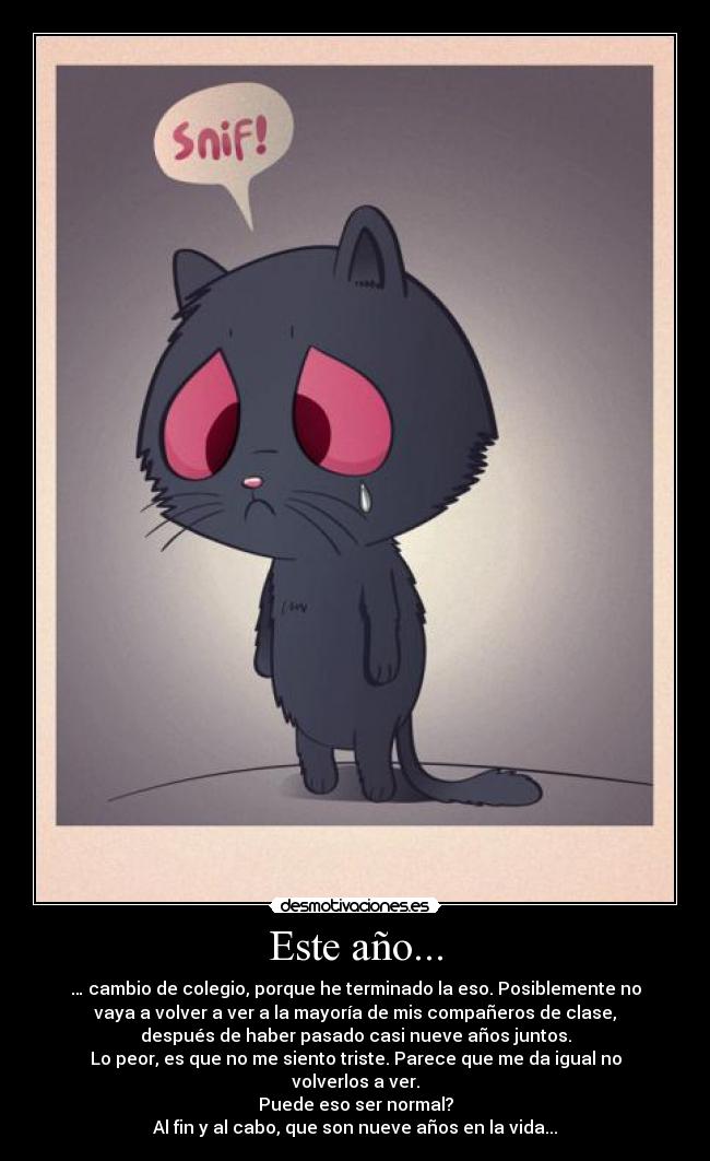 Este año... - … cambio de colegio, porque he terminado la eso. Posiblemente no
vaya a volver a ver a la mayoría de mis compañeros de clase,
después de haber pasado casi nueve años juntos.
Lo peor, es que no me siento triste. Parece que me da igual no
volverlos a ver.
Puede eso ser normal?
Al fin y al cabo, que son nueve años en la vida...