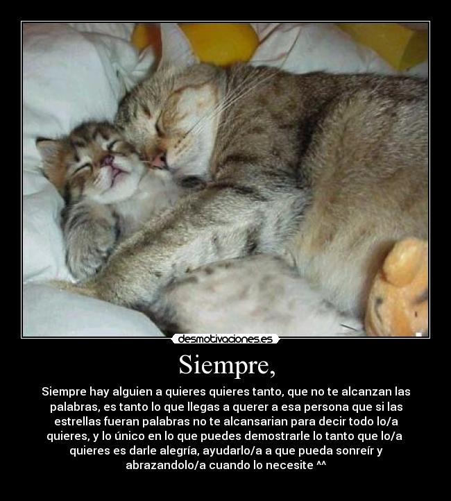 Siempre, - Siempre hay alguien a quieres quieres tanto, que no te alcanzan las
palabras, es tanto lo que llegas a querer a esa persona que si las
estrellas fueran palabras no te alcansarian para decir todo lo/a
quieres, y lo único en lo que puedes demostrarle lo tanto que lo/a 
quieres es darle alegría, ayudarlo/a a que pueda sonreír y
abrazandolo/a cuando lo necesite ^^

