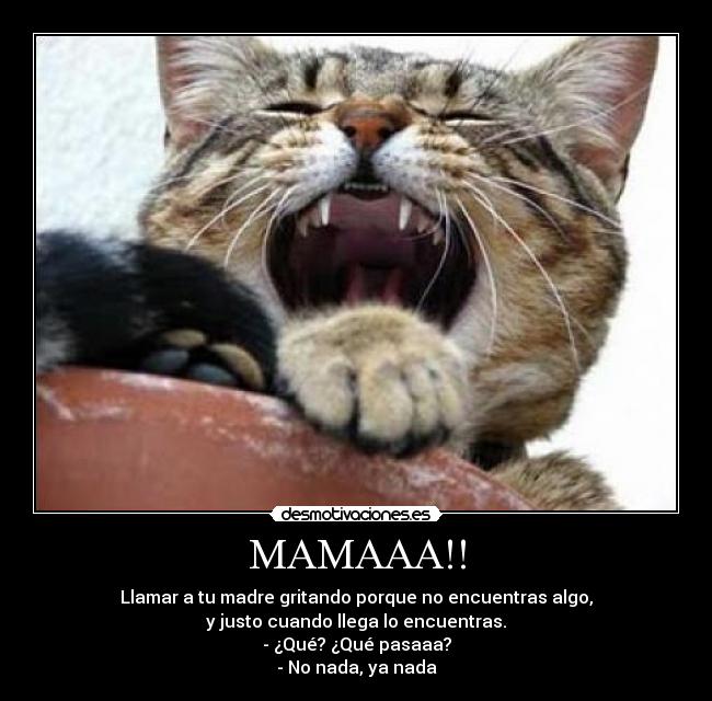 MAMAAA!! - Llamar a tu madre gritando porque no encuentras algo,
y justo cuando llega lo encuentras.
- ¿Qué? ¿Qué pasaaa?
- No nada, ya nada