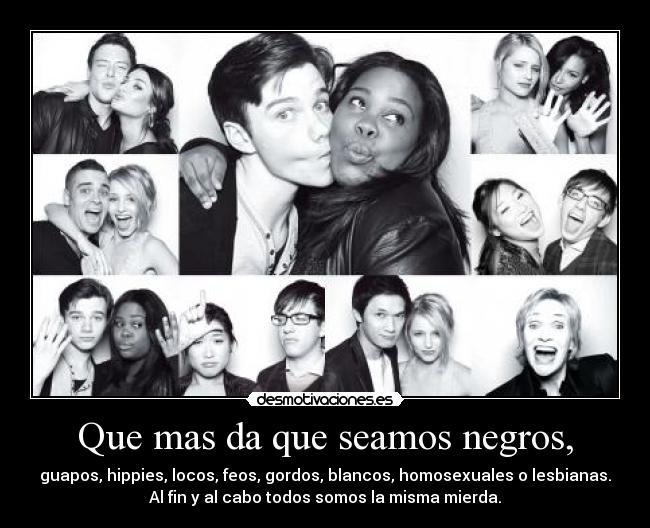 Que mas da que seamos negros, - guapos, hippies, locos, feos, gordos, blancos, homosexuales o lesbianas.
Al fin y al cabo todos somos la misma mierda.