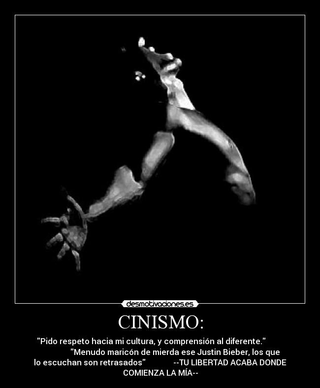 CINISMO: - Pido respeto hacia mi cultura, y comprensión al diferente.         
               Menudo maricón de mierda ese Justin Bieber, los que
lo escuchan son retrasados              --TU LIBERTAD ACABA DONDE
COMIENZA LA MÍA--