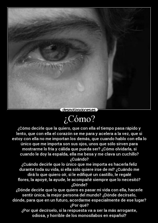 ¿Cómo? - ¿Cómo decirle que la quiero, que con ella el tiempo pasa rápido y
lento, que con ella el corazón se me para y acelera a la vez, que si
estoy con ella no me importan los demás, que cuando hablo con ella lo
único que me importa son sus ojos, unos que sólo sirven para
mostrarme lo fría y cálida que pueda ser? ¿Cómo olvidarla, si
cuando le doy la espalda, ella me besa y me clava un cuchillo?
¿Cuándo?
¿Cuándo decirle que lo único que me importa es hacerla feliz
durante toda su vida, si ella sólo quiere irse de mí? ¿Cuándo me
dirá lo que quiero oír, si le edifiqué un castillo, le regalé
flores, la apoyé, la ayude, le acompañé siempre que lo necesitó?
¿Dónde?
¿Dónde decirle que lo que quiero es pasar mi vida con ella, hacerle
sentir única, la mejor persona del mundo? ¿Dónde decírselo,
dónde, para que en un futuro, acordarme especialmente de ese lugar?
¿Por qué?
¿Por qué decírselo, si la respuesta va a ser la más arrogante,
odiosa, y horrible de los monosílabos en español?
