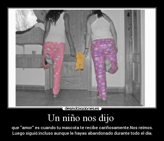 Un niño nos dijo - que amor es cuando tu mascota te recibe cariñosamente.Nos reímos.
Luego siguió:incluso aunque le hayas abandonado durante todo el día.