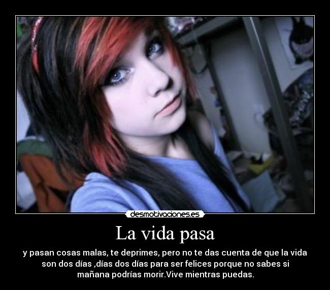 La vida pasa - y pasan cosas malas, te deprimes, pero no te das cuenta de que la vida
son dos días ,días dos días para ser felices porque no sabes si
mañana podrías morir.Vive mientras puedas.