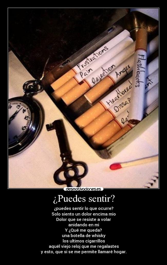 ¿Puedes sentir? - ¿puedes sentir lo que ocurre?
Solo siento un dolor encima mio
Dolor que se resiste a volar
anidando en mi
Y ¿Qué me queda?
una botella de whisky
los ultimos cigarrillos
aquél viejo reloj que me regalastes
y esto, que si se me permite llamaré hogar.
