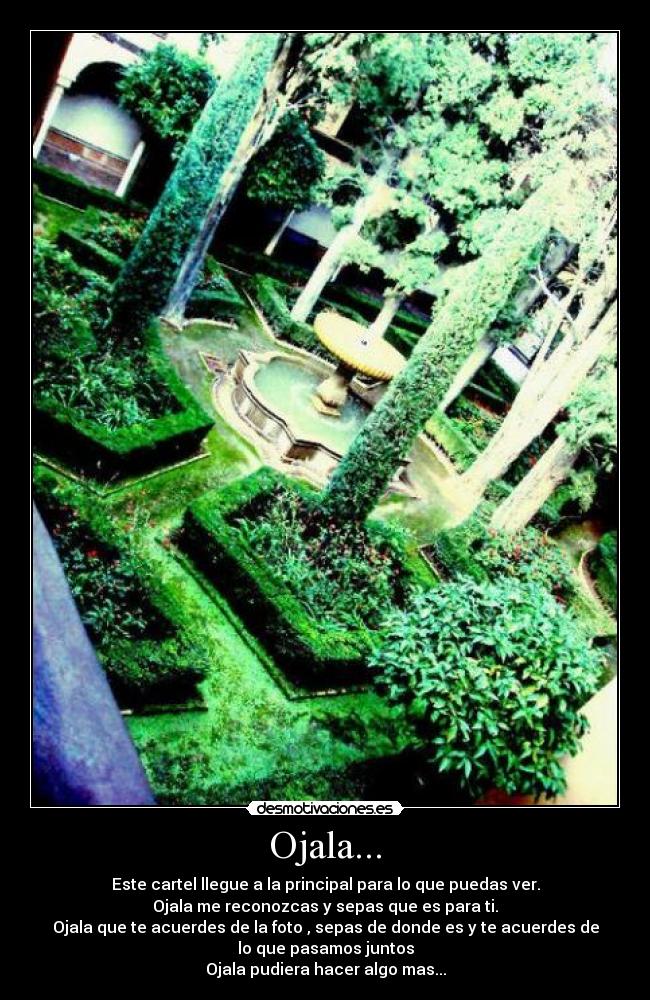 Ojala... - Este cartel llegue a la principal para lo que puedas ver.
Ojala me reconozcas y sepas que es para ti.
Ojala que te acuerdes de la foto , sepas de donde es y te acuerdes de
lo que pasamos juntos
Ojala pudiera hacer algo mas...