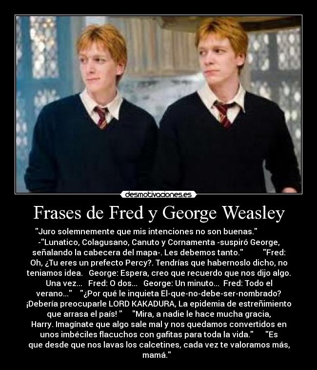 Frases de Fred y George Weasley - Juro solemnemente que mis intenciones no son buenas.             
-Lunatico, Colagusano, Canuto y Cornamenta -suspiró George,
señalando la cabecera del mapa-. Les debemos tanto.          Fred:
Oh, ¿Tu eres un prefecto Percy?. Tendrías que habernoslo dicho, no
teniamos idea.   George: Espera, creo que recuerdo que nos dijo algo.
Una vez...   Fred: O dos...   George: Un minuto...  Fred: Todo el
verano...    ¿Por qué le inquieta El-que-no-debe-ser-nombrado?
¡Debería preocuparle LORD KAKADURA, La epidemia de estreñimiento
que arrasa el país!      Mira, a nadie le hace mucha gracia,
Harry. Imagínate que algo sale mal y nos quedamos convertidos en
unos imbéciles flacuchos con gafitas para toda la vida.      Es
que desde que nos lavas los calcetines, cada vez te valoramos más,
mamá.  