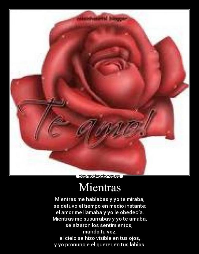 Mientras - Mientras me hablabas y yo te miraba,
se detuvo el tiempo en medio instante:
el amor me llamaba y yo le obedecía.
Mientras me susurrabas y yo te amaba,
se alzaron los sentimientos,
mandó tu voz,
el cielo se hizo visible en tus ojos,
y yo pronuncié el querer en tus labios.