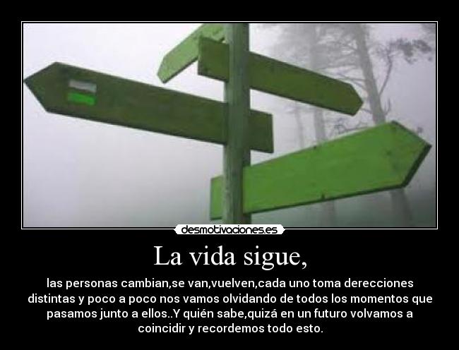 La vida sigue, - las personas cambian,se van,vuelven,cada uno toma derecciones
distintas y poco a poco nos vamos olvidando de todos los momentos que
pasamos junto a ellos..Y quién sabe,quizá en un futuro volvamos a
coincidir y recordemos todo esto.