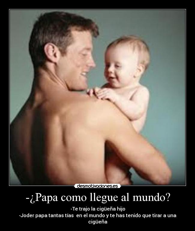 -¿Papa como llegue al mundo? - -Te trajo la cigüeña hijo
-Joder papa tantas tías en el mundo y te has tenido que tirar a una cigüeña