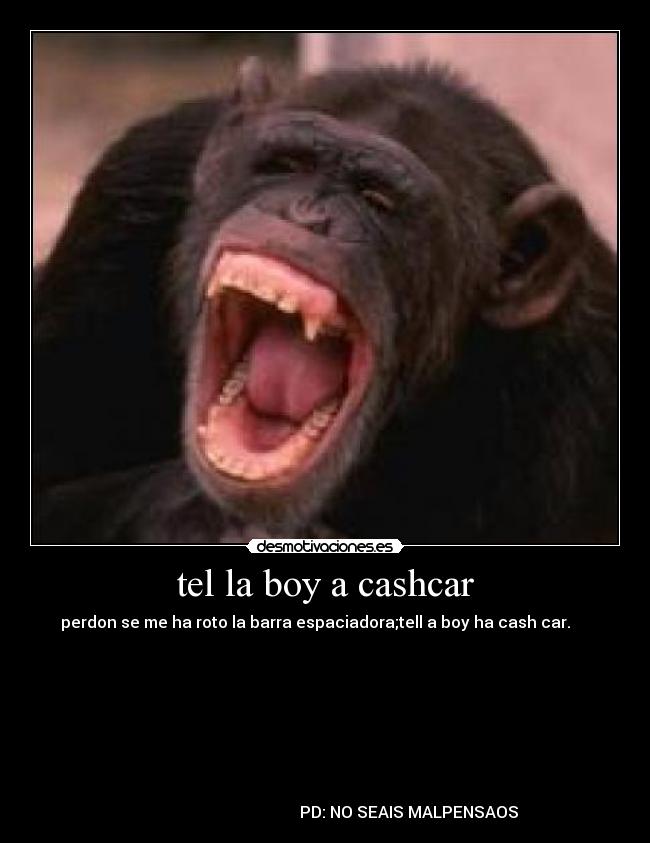 tel la boy a cashcar - perdon se me ha roto la barra espaciadora;tell a boy ha cash car.     
                                                                      
                                                                      
                                                                      
                                                                      
                                                                      
                                                                      
                                                                      
                                                                      
                                          PD: NO SEAIS MALPENSAOS