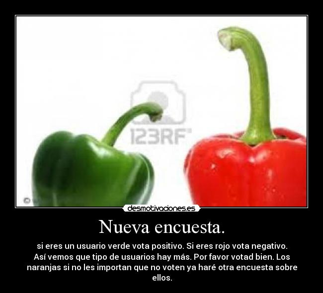 Nueva encuesta. - si eres un usuario verde vota positivo. Si eres rojo vota negativo.
Así vemos que tipo de usuarios hay más. Por favor votad bien. Los
naranjas si no les importan que no voten ya haré otra encuesta sobre
ellos.