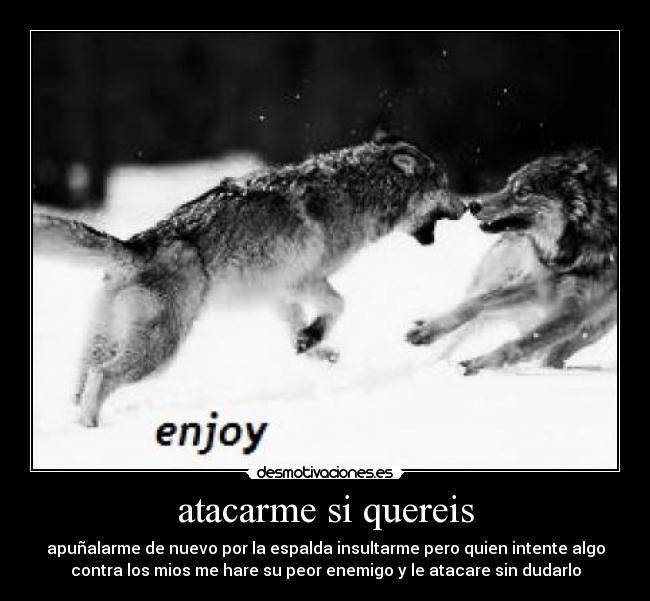 atacarme si quereis - apuñalarme de nuevo por la espalda insultarme pero quien intente algo
contra los mios me hare su peor enemigo y le atacare sin dudarlo