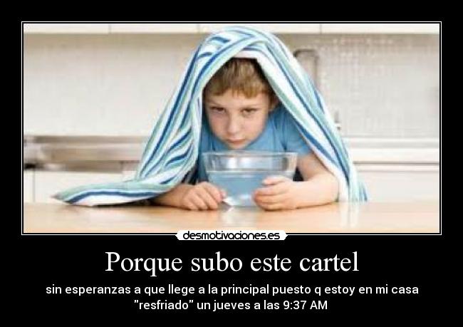 Porque subo este cartel - sin esperanzas a que llege a la principal puesto q estoy en mi casa
resfriado un jueves a las 9:37 AM 