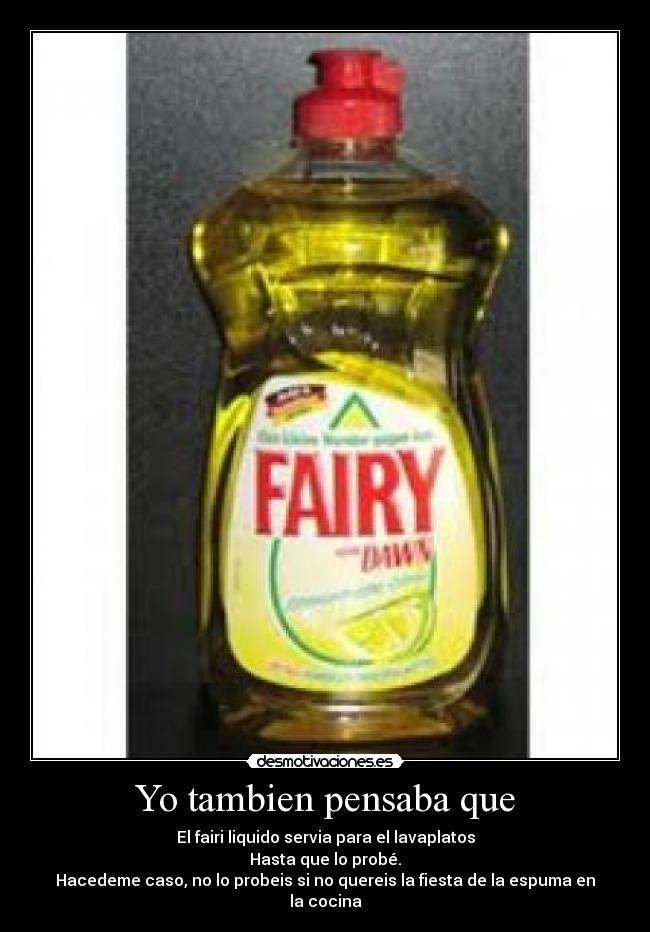 Yo tambien pensaba que - El fairi liquido servia para el lavaplatos
Hasta que lo probé.
Hacedeme caso, no lo probeis si no quereis la fiesta de la espuma en la cocina