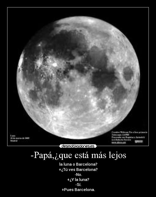 -Papá,¿que está más lejos - la luna o Barcelona?
+¿Tú ves Barcelona?
-No.
+¿Y la luna?
-Sí.
+Pues Barcelona.