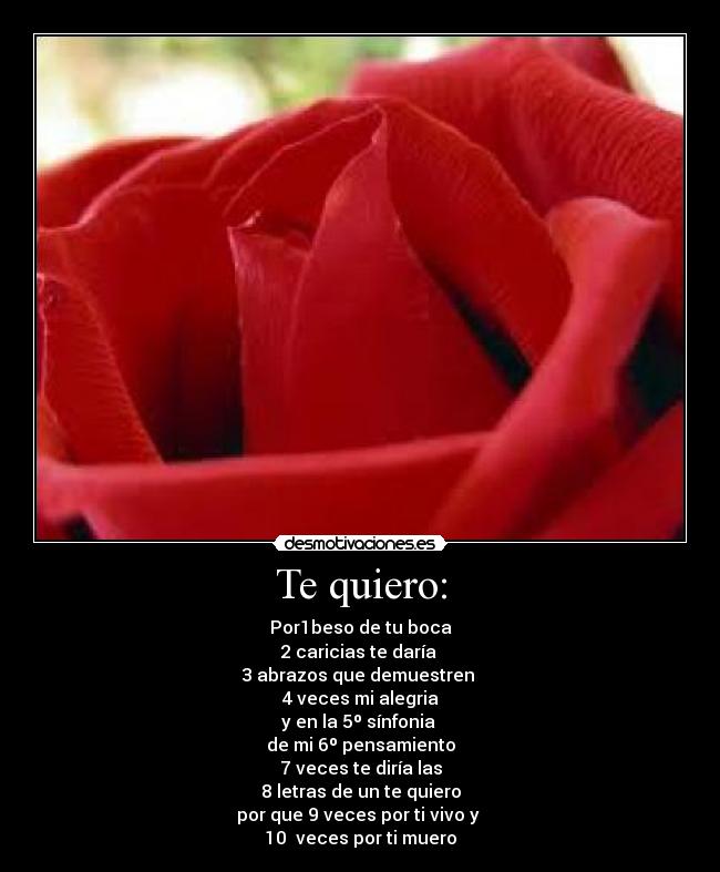 Te quiero: - Por1beso de tu boca
2 caricias te daría
3 abrazos que demuestren
4 veces mi alegria
y en la 5º sínfonia
de mi 6º pensamiento
7 veces te diría las
8 letras de un te quiero
por que 9 veces por ti vivo y
10 veces por ti muero