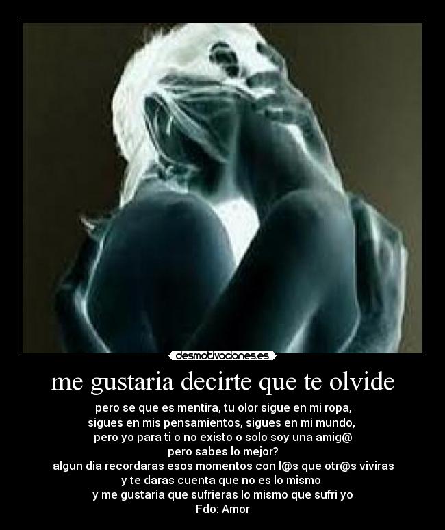 me gustaria decirte que te olvide - pero se que es mentira, tu olor sigue en mi ropa,
sigues en mis pensamientos, sigues en mi mundo,
pero yo para ti o no existo o solo soy una amig@
pero sabes lo mejor?
algun dia recordaras esos momentos con l@s que otr@s viviras
y te daras cuenta que no es lo mismo
y me gustaria que sufrieras lo mismo que sufri yo
Fdo: Amor