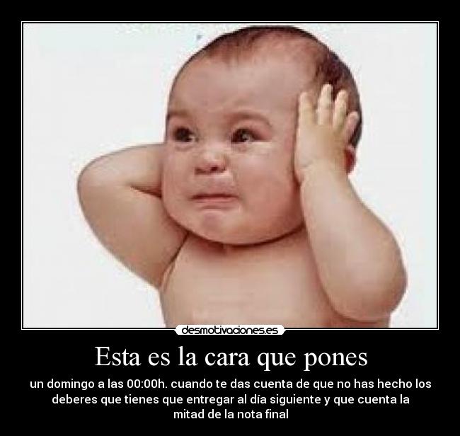 Esta es la cara que pones - un domingo a las 00:00h. cuando te das cuenta de que no has hecho los
deberes que tienes que entregar al día siguiente y que cuenta la
mitad de la nota final