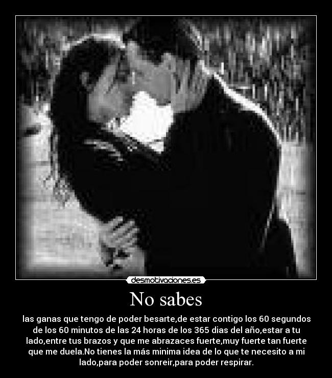 No sabes - las ganas que tengo de poder besarte,de estar contigo los 60 segundos
de los 60 minutos de las 24 horas de los 365 dias del año,estar a tu
lado,entre tus brazos y que me abrazaces fuerte,muy fuerte tan fuerte
que me duela.No tienes la más minima idea de lo que te necesito a mi
lado,para poder sonreir,para poder respirar.