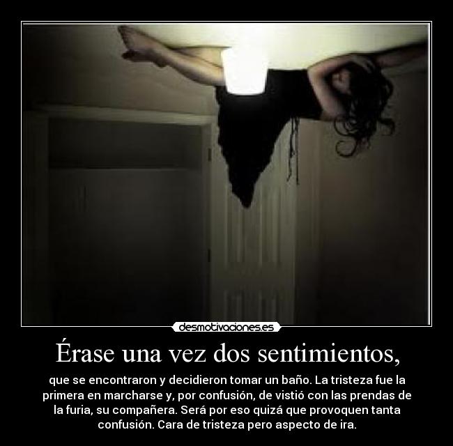 Érase una vez dos sentimientos, - que se encontraron y decidieron tomar un baño. La tristeza fue la
primera en marcharse y, por confusión, de vistió con las prendas de
la furia, su compañera. Será por eso quizá que provoquen tanta
confusión. Cara de tristeza pero aspecto de ira.