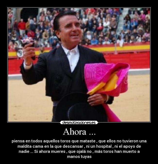Ahora ... - piensa en todos aquellos toros que mataste , que ellos no tuvieron una
maldita cama en la que descansar , ni un hospital , ni el apoyo de
nadie ... Si ahora mueres , que ojalá no , más toros han muerto a
manos tuyas