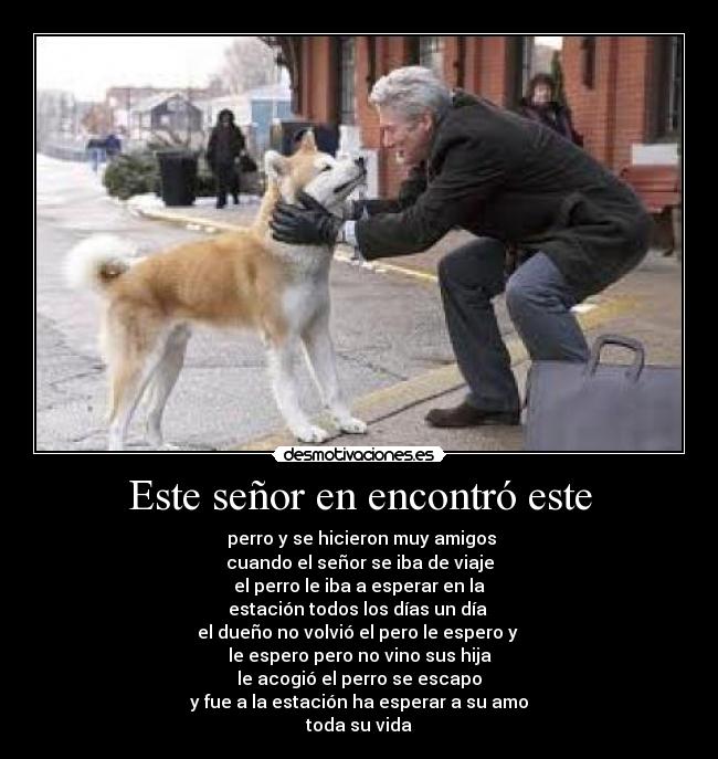 Este señor en encontró este - perro y se hicieron muy amigos
cuando el señor se iba de viaje
el perro le iba a esperar en la
estación todos los días un día
el dueño no volvió el pero le espero y
le espero pero no vino sus hija
le acogió el perro se escapo
y fue a la estación ha esperar a su amo
toda su vida