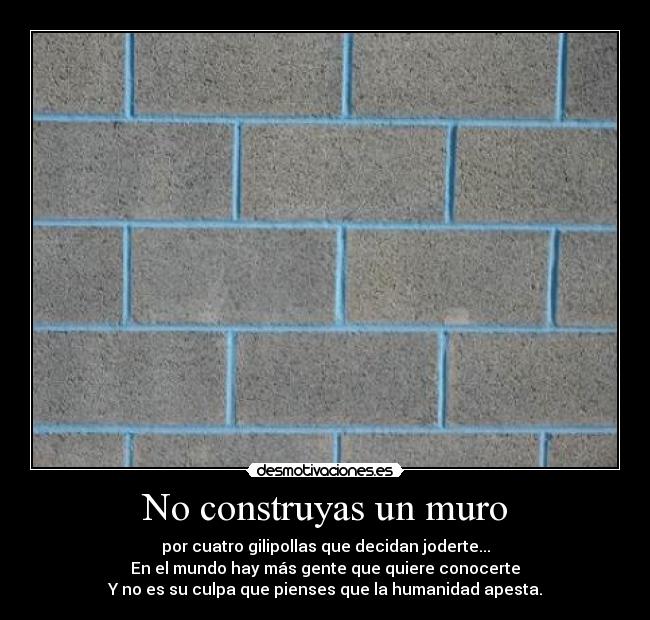 No construyas un muro - por cuatro gilipollas que decidan joderte...
En el mundo hay más gente que quiere conocerte
Y no es su culpa que pienses que la humanidad apesta.