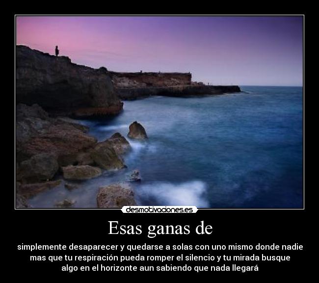 Esas ganas de - simplemente desaparecer y quedarse a solas con uno mismo donde nadie
mas que tu respiración pueda romper el silencio y tu mirada busque
algo en el horizonte aun sabiendo que nada llegará