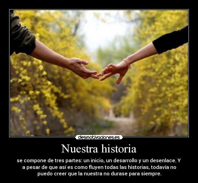 Nuestra historia - se compone de tres partes: un inicio, un desarrollo y un desenlace. Y 
a pesar de que así es como fluyen todas las historias, todavía no
puedo creer que la nuestra no durase para siempre.