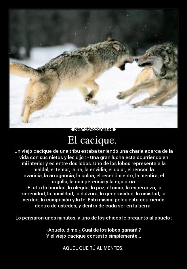 El cacique. - Un viejo cacique de una tribu estaba teniendo una charla acerca de la
vida con sus nietos y les dijo : - Una gran lucha está ocurriendo en
mi interior y es entre dos lobos. Uno de los lobos representa a la
maldal, el temor, la ira, la envidia, el dolor, el rencor, la
avaricia, la arrogancia, la culpa, el resentimiento, la mentira, el
orgullo, la competencia y la egolatría.
-El otro la bondad, la alegría, la paz, el amor, la esperanza, la
serenidad, la humildad, la dulzura, la generosidad, la amistad, la
verdad, la compasión y la fe. Esta misma pelea esta ocurriendo
dentro de ustedes, y dentro de cada ser en la tierra.
Lo pensaron unos minutos, y uno de los chicos le pregunto al abuelo :
-Abuelo, dime ¿ Cual de los lobos ganará ?
Y el viejo cacique contesto simplemente...
AQUEL QUE TÚ ALIMENTES.