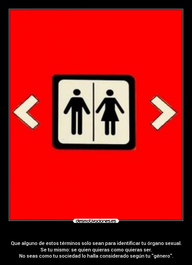 - Que alguno de estos términos solo sean para identificar tu órgano sexual.
Se tu mismo: se quien quieras como quieras ser.
No seas como tu sociedad lo halla considerado según tu género.