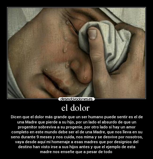 el dolor  - Dicen que el dolor más grande que un ser humano puede sentir es el de
una Madre que pierde a su hijo, por un lado el absurdo de que un
progenitor sobreviva a su progenie, por otro lado si hay un amor
completo en este mundo debe ser el de una Madre, que nos lleva en su
seno durante 9 meses y nos cuida, nos mima y se desvive por nosotros,
vaya desde aquí mi homenaje a esas madres que por designios del
destino han visto irse a sus hijos antes y que el ejemplo de esta
madre nos enseñe que a pesar de todo 
