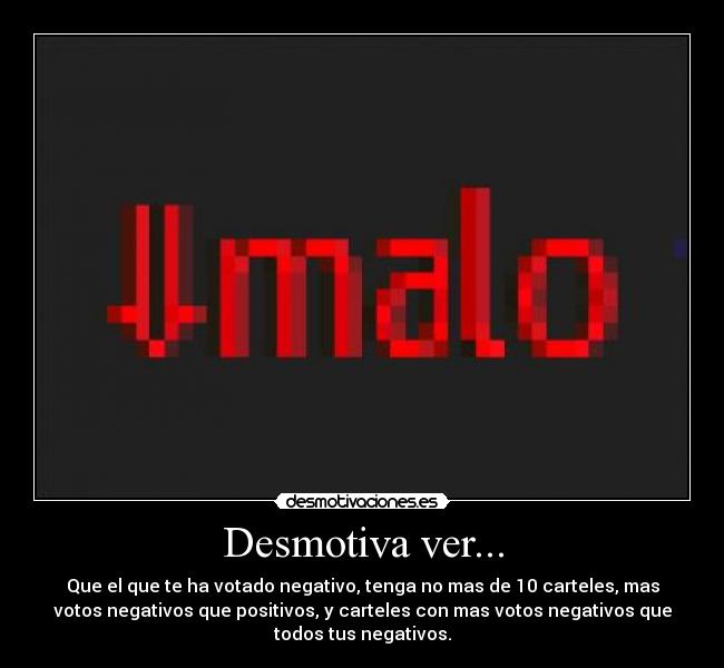 Desmotiva ver... - Que el que te ha votado negativo, tenga no mas de 10 carteles, mas
votos negativos que positivos, y carteles con mas votos negativos que
todos tus negativos.