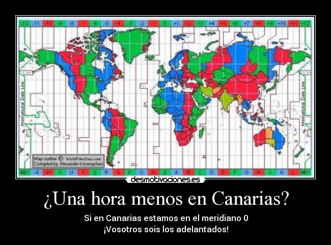 ¿Una hora menos en Canarias? - Si en Canarias estamos en el meridiano 0
¡Vosotros sois los adelantados!