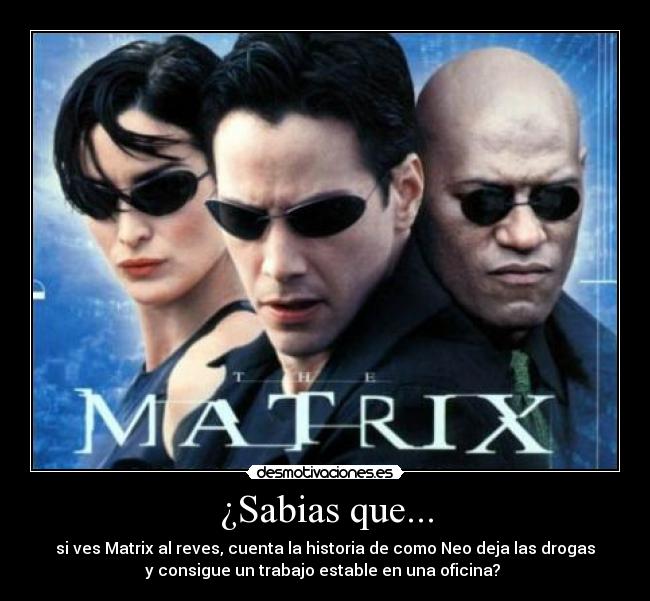 ¿Sabias que... - si ves Matrix al reves, cuenta la historia de como Neo deja las drogas
y consigue un trabajo estable en una oficina?