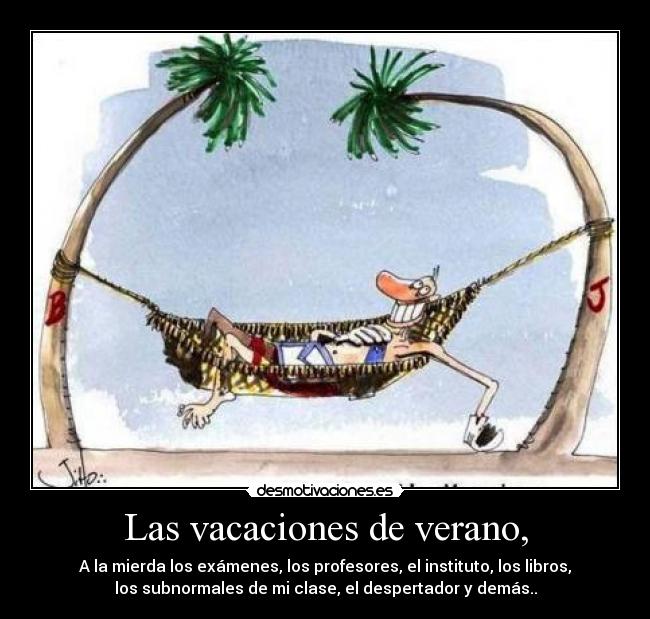Las vacaciones de verano, - A la mierda los exámenes, los profesores, el instituto, los libros,
los subnormales de mi clase, el despertador y demás..