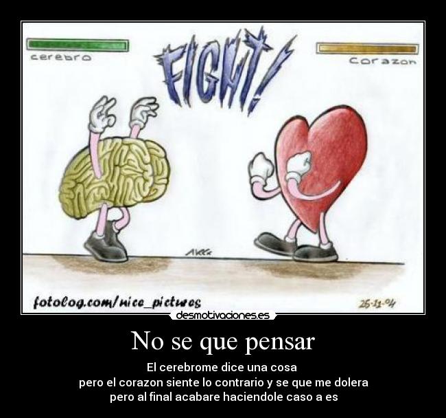 No se que pensar - El cerebrome dice una cosa
pero el corazon siente lo contrario y se que me dolera
pero al final acabare haciendole caso a es