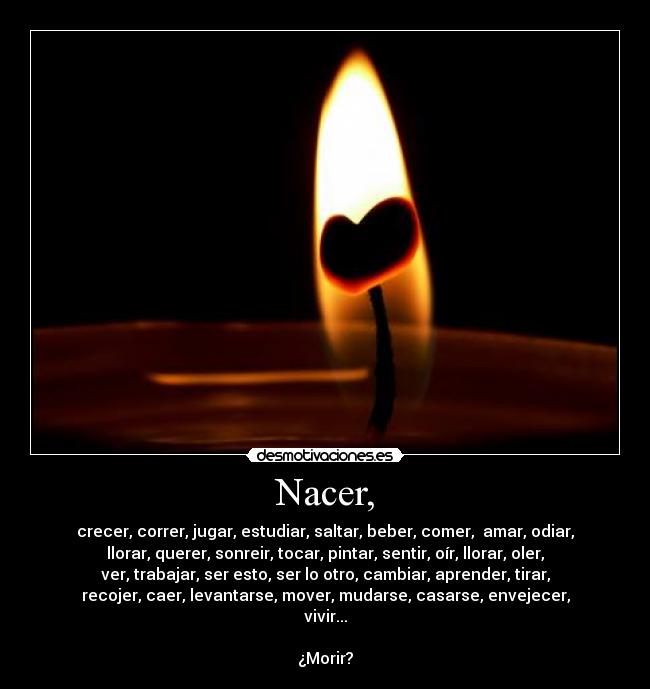 Nacer, - crecer, correr, jugar, estudiar, saltar, beber, comer, amar, odiar,
llorar, querer, sonreir, tocar, pintar, sentir, oír, llorar, oler,
ver, trabajar, ser esto, ser lo otro, cambiar, aprender, tirar,
recojer, caer, levantarse, mover, mudarse, casarse, envejecer,
vivir...
¿Morir?