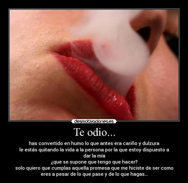 Te odio... - has convertido en humo lo que antes era cariño y dulzura
le estás quitando la vida a la persona por la que estoy dispuesto a
dar la mía
¿que se supone que tengo que hacer?
solo quiero que cumplas aquella promesa que me hiciste de ser como
eres a pesar de lo que pase y de lo que hagas...