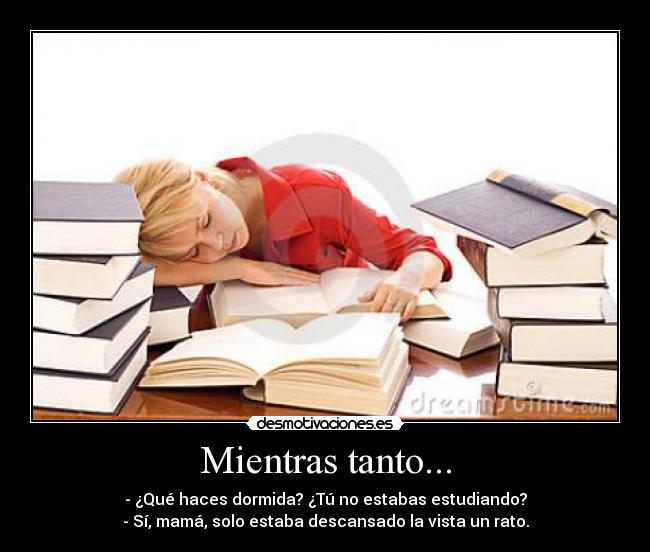 Mientras tanto... - - ¿Qué haces dormida? ¿Tú no estabas estudiando?
- Sí, mamá, solo estaba descansado la vista un rato.