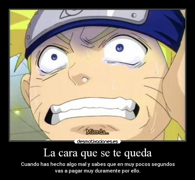 La cara que se te queda - Cuando has hecho algo mal y sabes que en muy pocos segundos
vas a pagar muy duramente por ello.