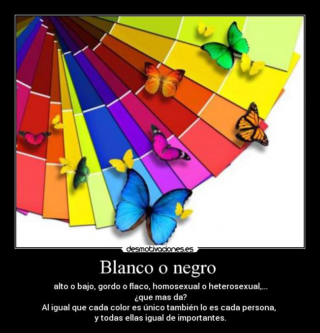 Blanco o negro  - alto o bajo, gordo o flaco, homosexual o heterosexual,...
¿que mas da?
Al igual que cada color es único también lo es cada persona, 
y todas ellas igual de importantes.