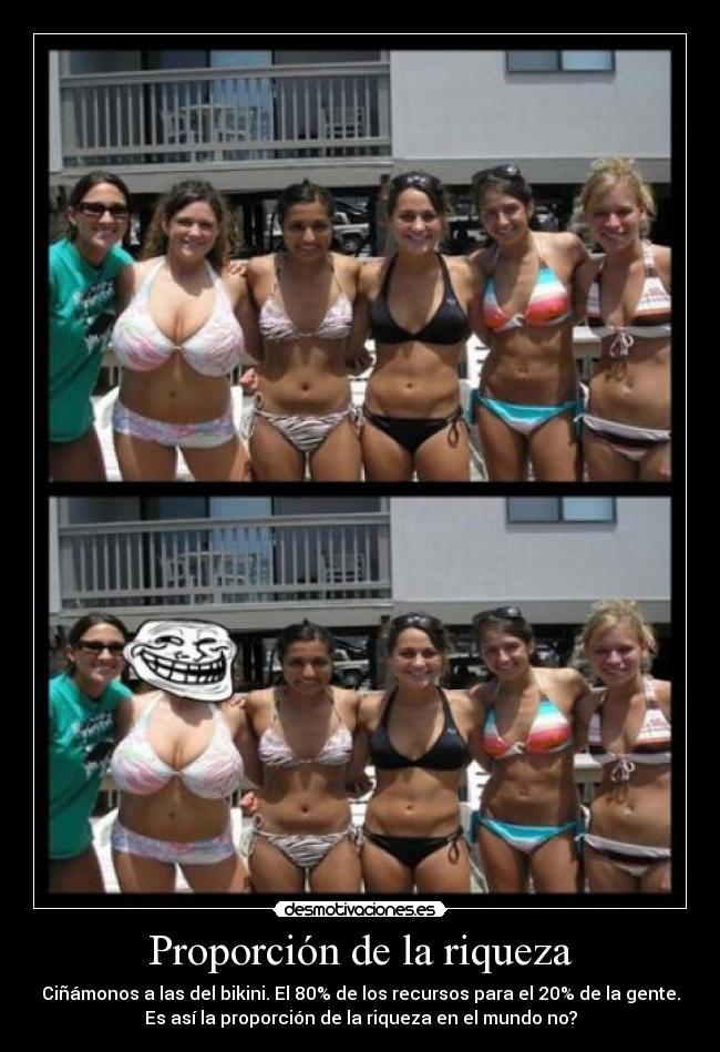 Proporción de la riqueza - Ciñámonos a las del bikini. El 80% de los recursos para el 20% de la gente.
Es así la proporción de la riqueza en el mundo no?