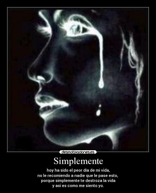 Simplemente - hoy ha sido el peor día de mi vida,
no le recomiendo a nadie que le pase esto,
porque simplemente te destroza la vida
y asi es como me siento yo.