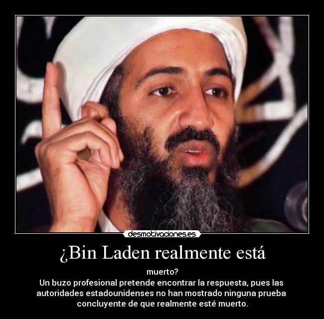 ¿Bin Laden realmente está - muerto?
Un buzo profesional pretende encontrar la respuesta, pues las 
autoridades estadounidenses no han mostrado ninguna prueba 
concluyente de que realmente esté muerto.