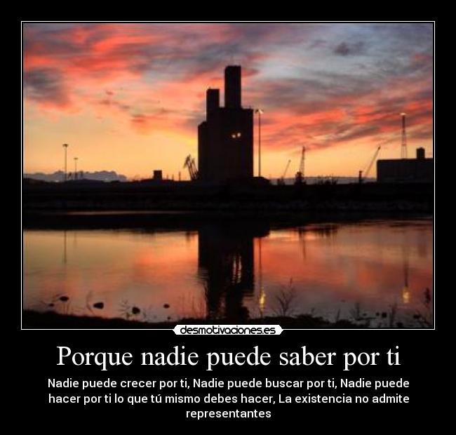 Porque nadie puede saber por ti - Nadie puede crecer por ti, Nadie puede buscar por ti, Nadie puede
hacer por ti lo que tú mismo debes hacer, La existencia no admite
representantes